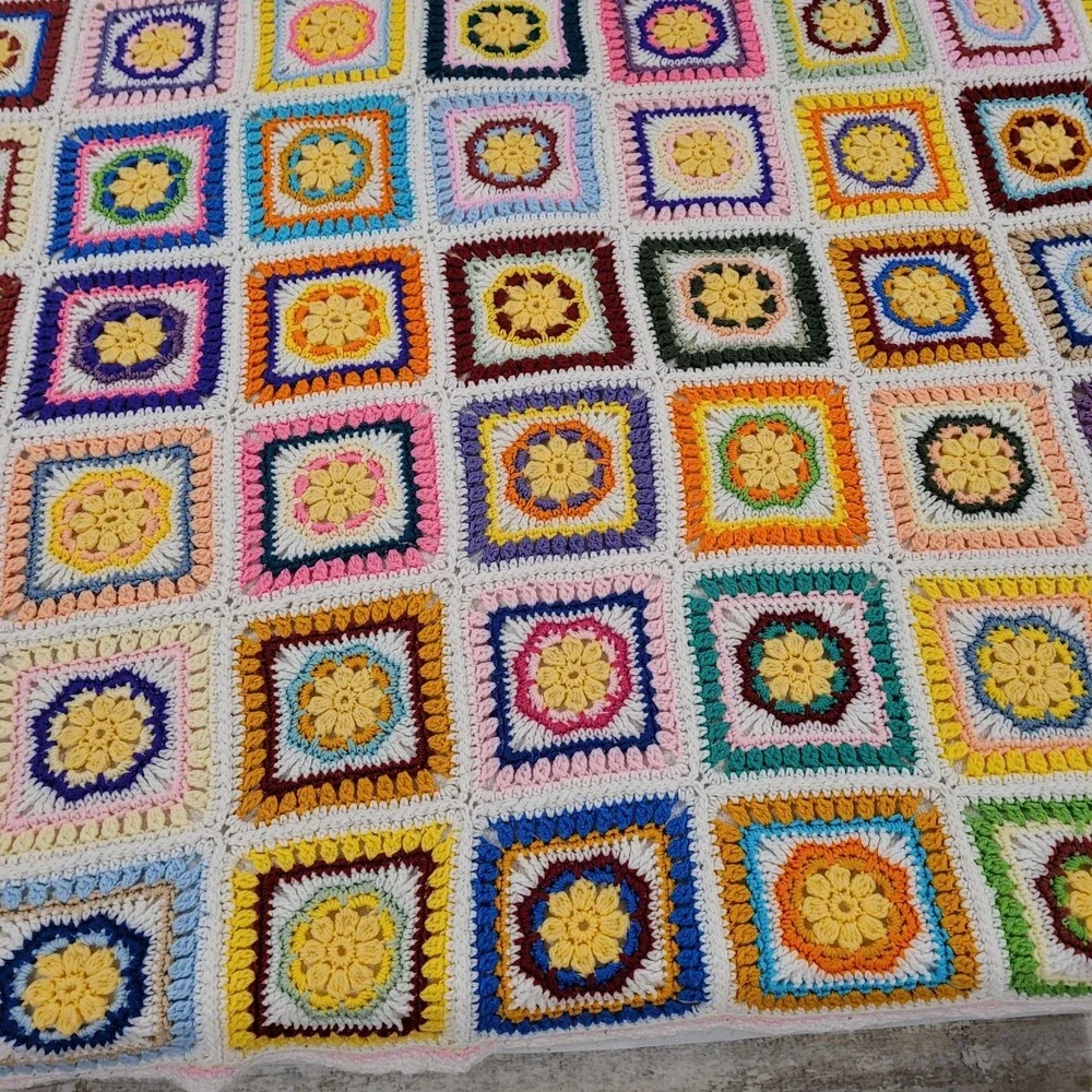 Vibrant Handmade Crochet Granny Square Afghan Blanket MultiColor Floral Sunburst